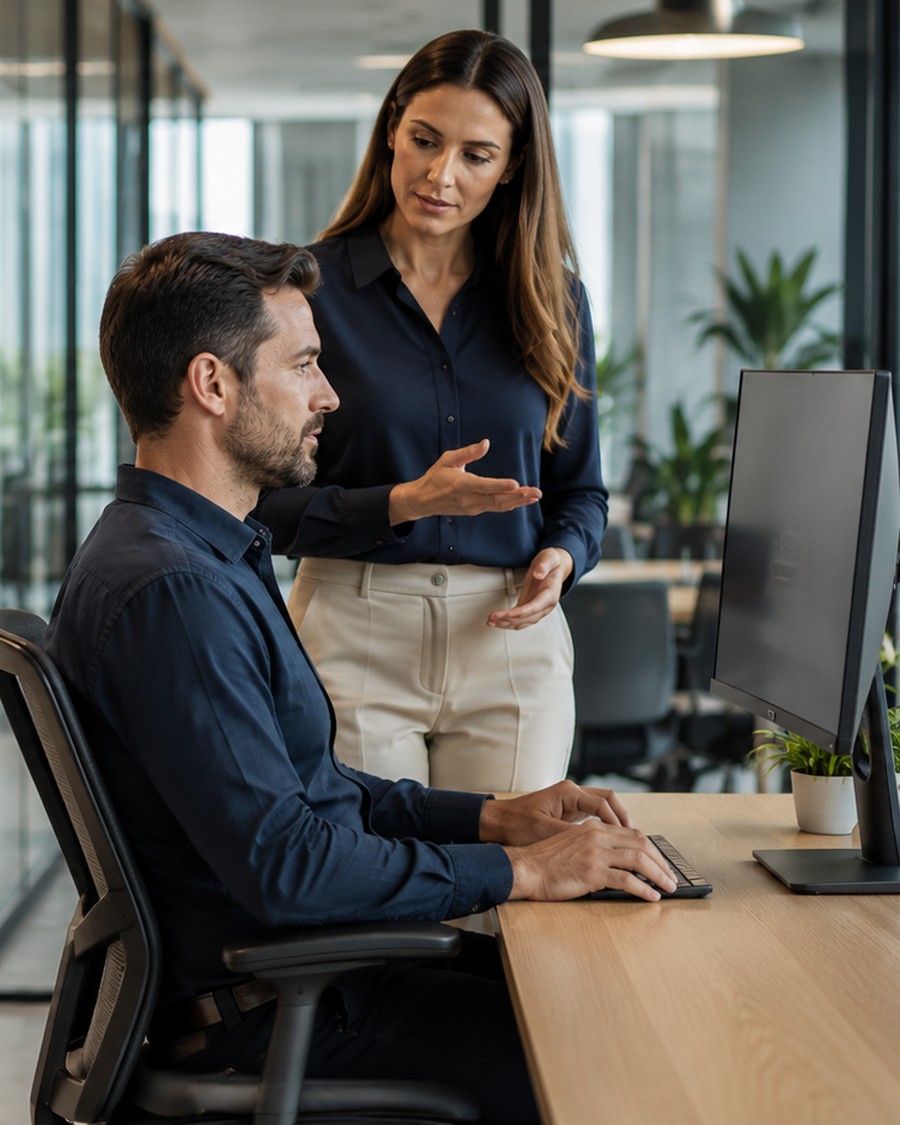 Profissional acompanha a organização de um posto de trabalho em escritório